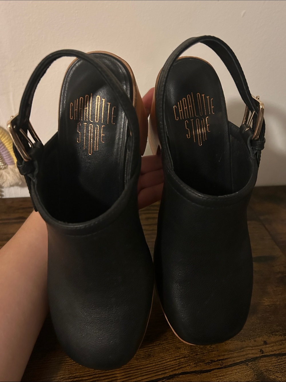 Charlotte Stone Black Leather Platform Clogs with Tan Wood-Look Sole - Picture 5 of 6